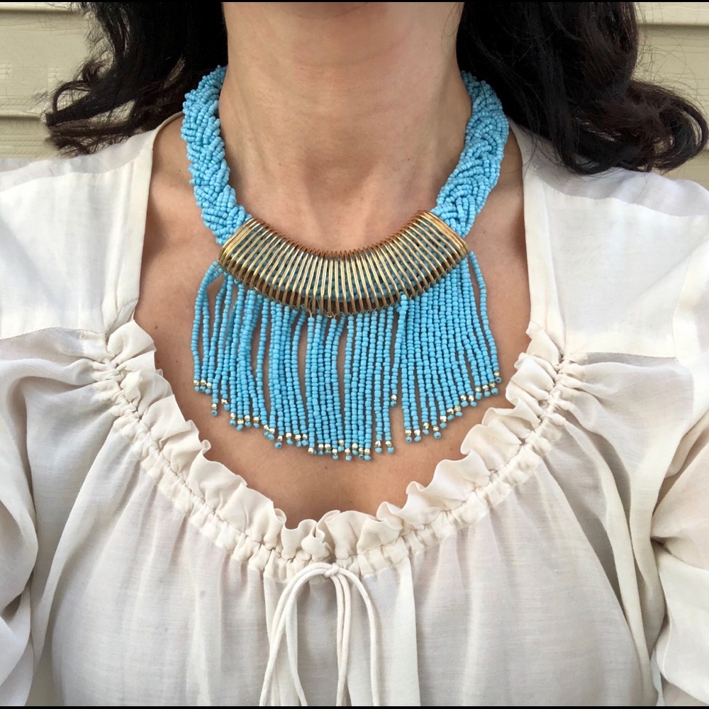 Layered Turquoise Gold Boho Fringe Choker Necklace
